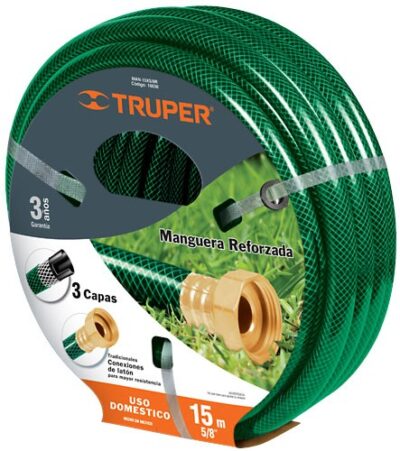 Manguera 5/8' reforzada 3 capas conexiones latón, 15 metros de largo MAN-15X5/8R 16036 Truper