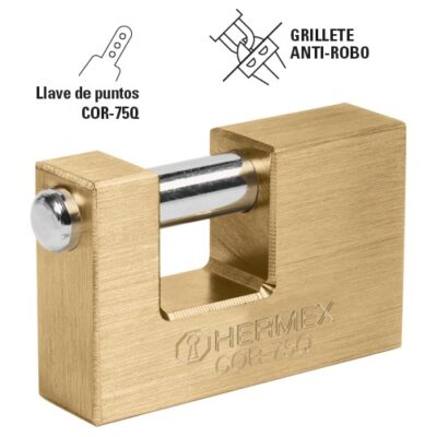 Candado antipalanca para cortina 75mm llave puntos COR-75Q 43354 Hermex