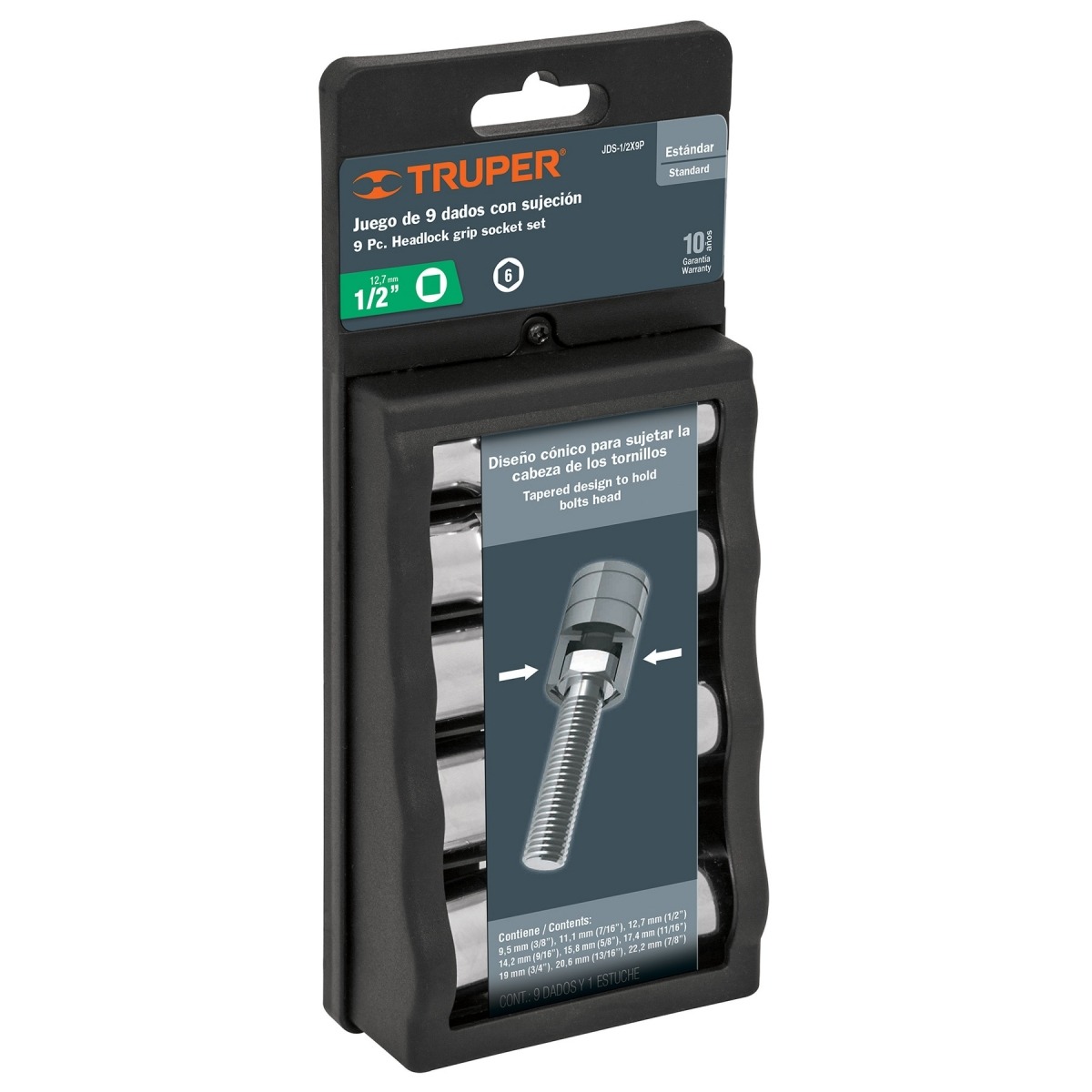 Juego dados con sujeción cuadro 1-2 9 pzas milimétricos JDS-1-2X9M 12345 Truper
