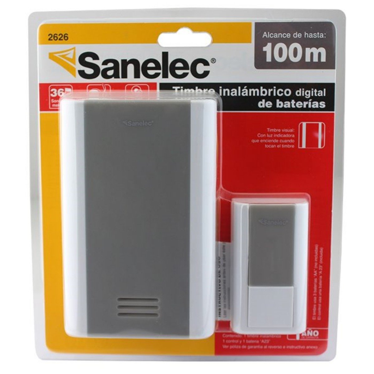 Timbre inalámbrico rectangular con baterías 1 control SANELEC 2626