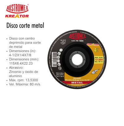 DISCO PARA CORTE METAL TIPO 42 AUSTROMEX 524 KREATOR 4 1/2