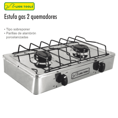 ESTUFA GAS 2 QUEMADORES CUERPO Y CUBIERTA ACERO INOX LION TOOLS 308